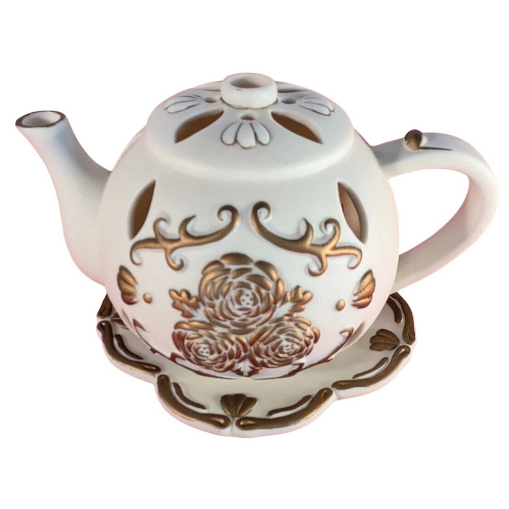 Partylite TEAPOT Tealight Candle Holder TEA TIME Luminary P7301 Porcelain Bisque - Picture 7 of 8